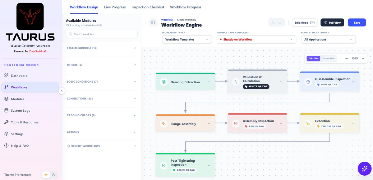 TAURUS ADMIN Workflow Builder — stages, QR tags and module palette on the design canvas