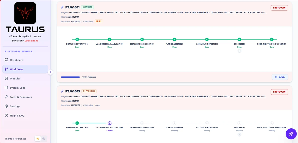 TAURUS ADMIN live progress — per-joint stage tracking with completion state