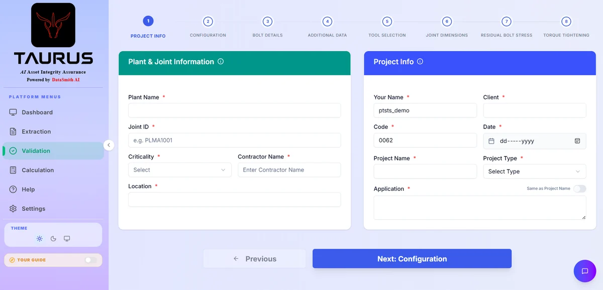 TAURUS validation — eight-step joint setup, plant and project information