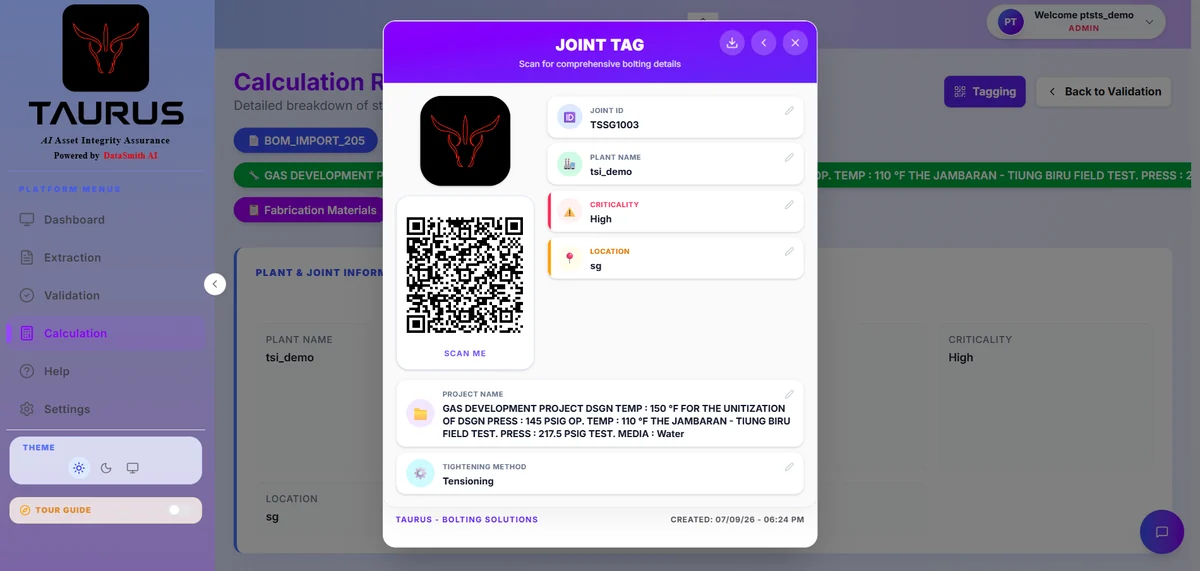 TAURUS calculation report — joint tag with QR, joint ID, criticality and tightening method