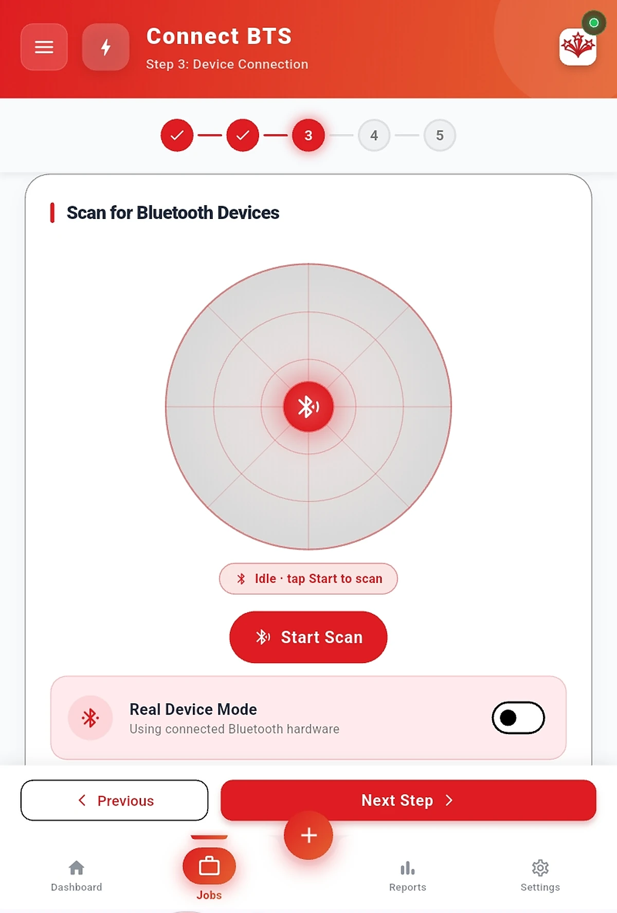 TAURUS device connection — Bluetooth scan for the tensioning tool