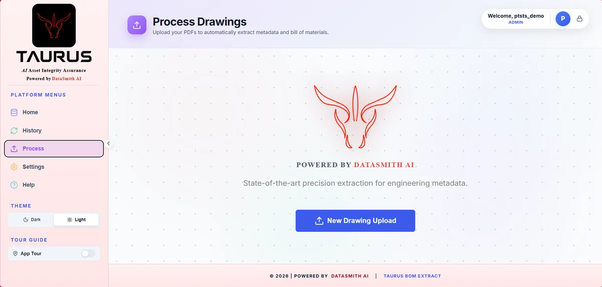 TAURUS process drawings — upload PDFs for automatic extraction