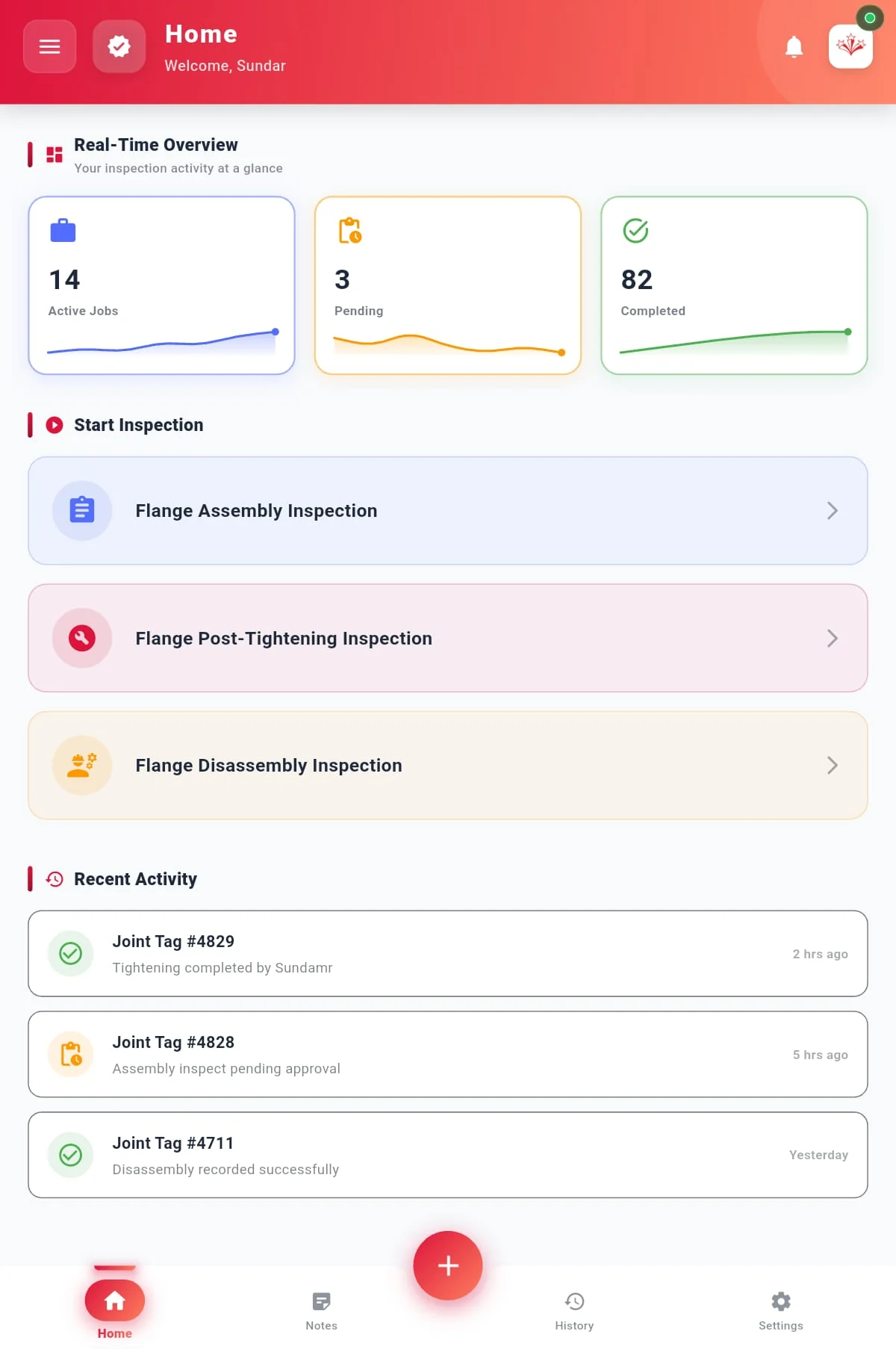 TAURUS inspection home — active, pending and completed jobs with recent joint activity